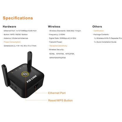 PIX-LINK WR22 300Mbps Wifi Wireless Signal Amplification Enhancement Extender, Plug Type:AU Plug(Black) - Wireless Routers by PIX-LINK | Online Shopping UK | buy2fix