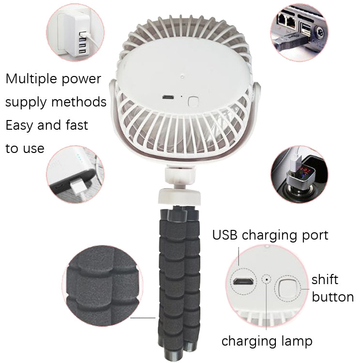 Octopus Stroller Deformation Fan Desktop Portable Handheld USB Small Fan, Colour: 2200mAh White - Electric Fans by buy2fix | Online Shopping UK | buy2fix