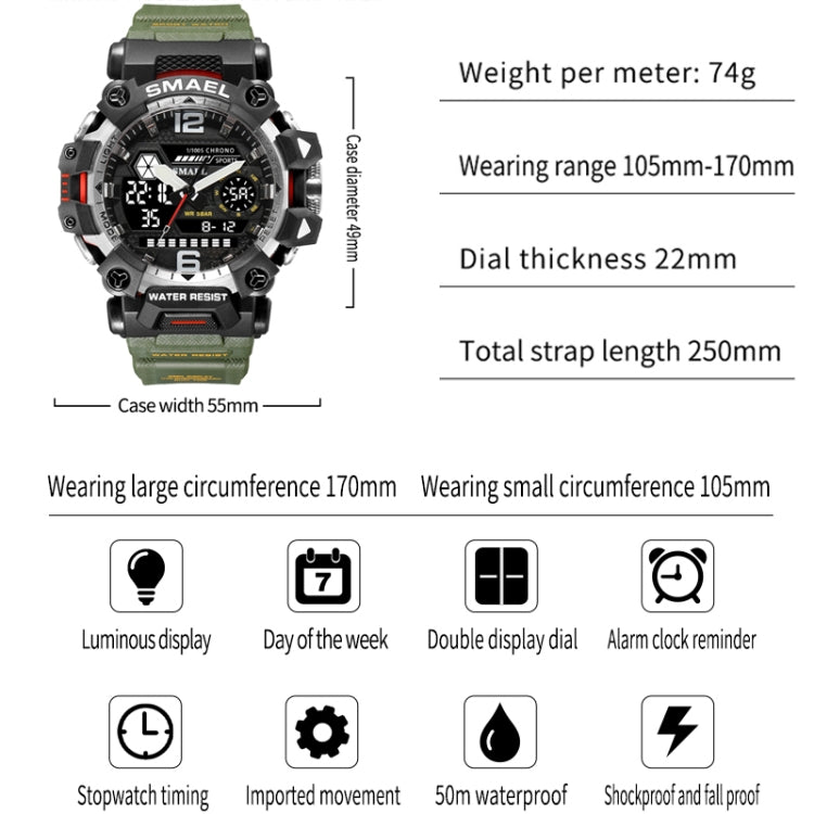 SMAEL 8072 Alloy Outdoor Multifunctional Electronic Watch Men Dual Display Waterproof Watch(Green) - Metal Strap Watches by SMAEL | Online Shopping UK | buy2fix