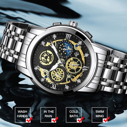 BINBOND 4010 Multifunctional Waterproof Hollowed Luminous Quartz Watch(Inter-gold Black Surface) - Metal Strap Watches by BINBOND | Online Shopping UK | buy2fix
