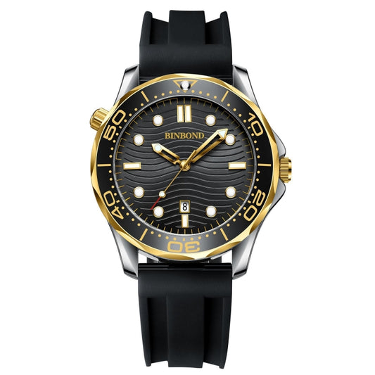Black Silicon Black Inter-gold Black BINBOND B2820 Luminous 30m Waterproof Men Sports Quartz Watch - Silicone Strap Watches by BINBOND | Online Shopping UK | buy2fix