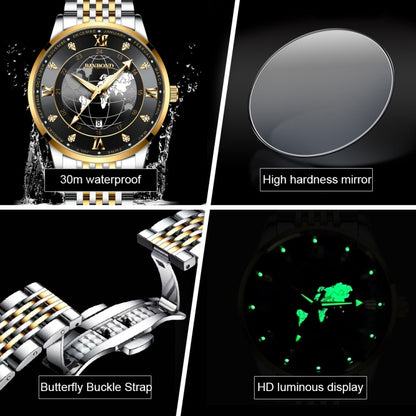 BINBOND B1117 30M Waterproof Earth Dial Butterfly Buckle Luminous Quartz Watch(White Steel-Black) - Metal Strap Watches by BINBOND | Online Shopping UK | buy2fix
