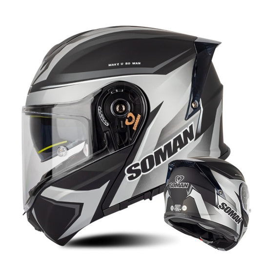 SOMAN Racing Motorcycle Double Lens Riding Safety Helmet, Size: XL(Silver Gray Black Vision) - Helmets by SOMAN | Online Shopping UK | buy2fix