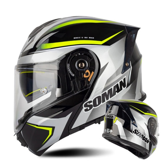 SOMAN Racing Motorcycle Double Lens Riding Safety Helmet, Size: XXL(Silver Gray Yellow Vision) - Helmets by SOMAN | Online Shopping UK | buy2fix