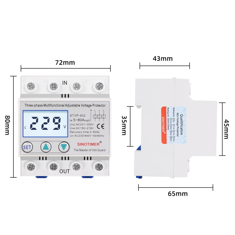 SINOTIMER STVP-932 40A 3-phase 380V LCD Self-resetting Adjustable Surge Voltage Protector - Other Tester Tool by SINOTIMER | Online Shopping UK | buy2fix