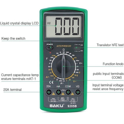 BAKU BK-9205B Measuring Capacitance Current Large Screen Display All-round Burn-proof Digital Multimeter - Consumer Electronics by BAKU | Online Shopping UK | buy2fix