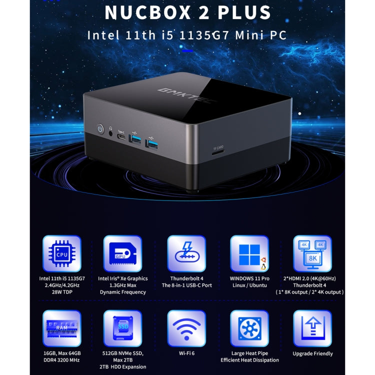 GMKTEC NUCBOX 2 Plus Windows 11 Pro/Linux/Ubuntu Mini PC, Intel 11th Tigerlake-U I5-1135G7, Quad Core 8 Thread, 2.4GHz up to 4.2GHz, 16GB+512GB, Support Bluetooth / WiFi, UK Plug - Windows Mini PCs by GMKtec | Online Shopping UK | buy2fix